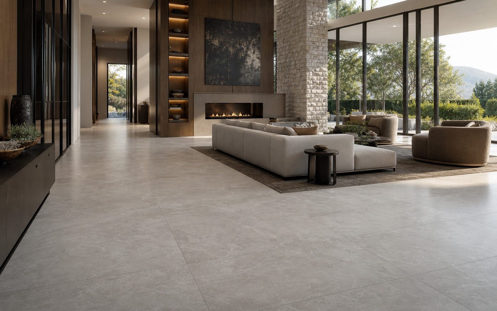 Modern living room with large-format porcelain flooring.