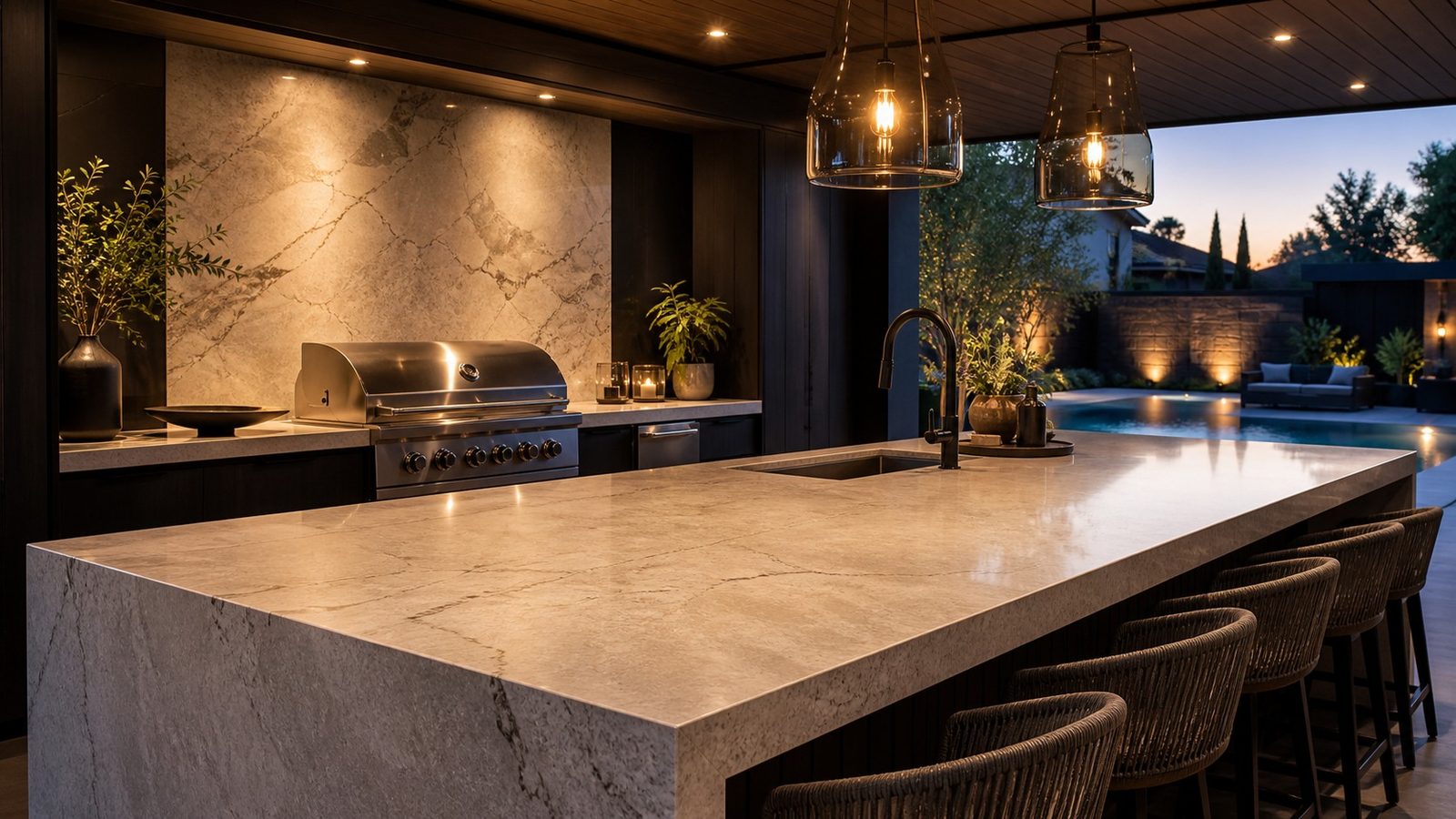 Porcelain slab outdoor kitchen and pool deck on a luxury custom home project.