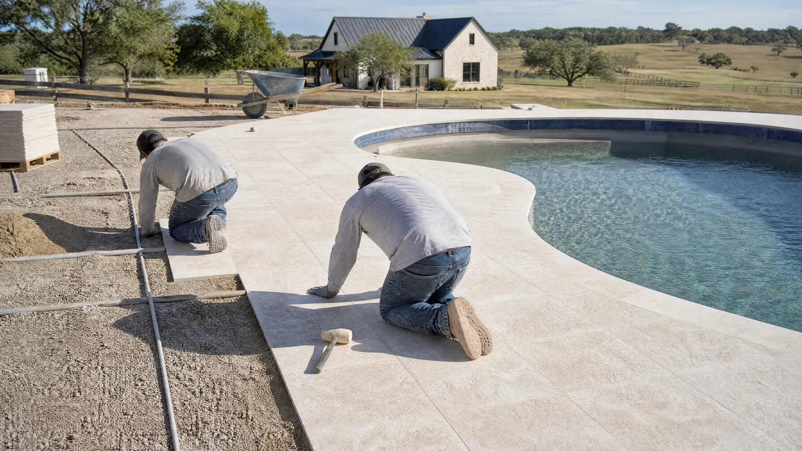 AI-generated installation-planning concept showing porcelain pavers and curved pool-edge cuts.