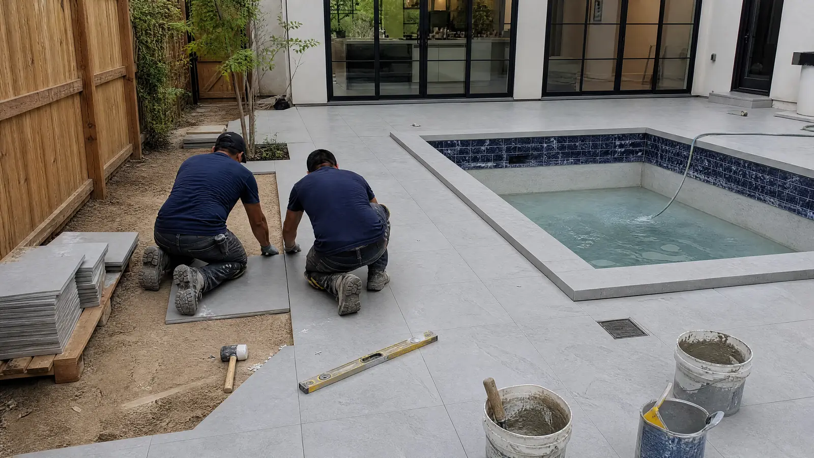 AI-generated installation-planning concept showing gray pavers being installed around a courtyard pool.