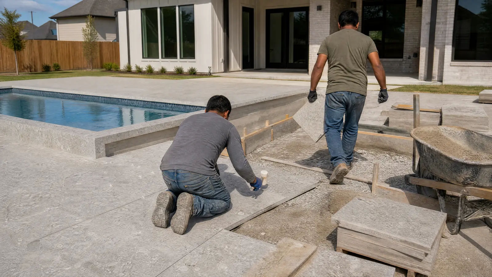 AI-generated installation-planning concept showing pearl-gray pavers near a pool and sunken lounge.