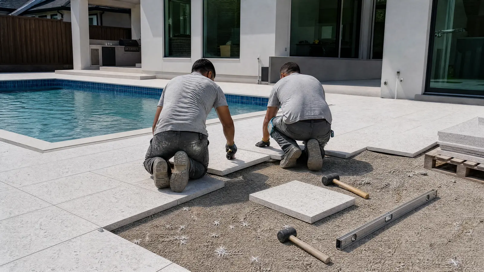 AI-generated installation-planning concept showing white porcelain pavers being set around a pool.