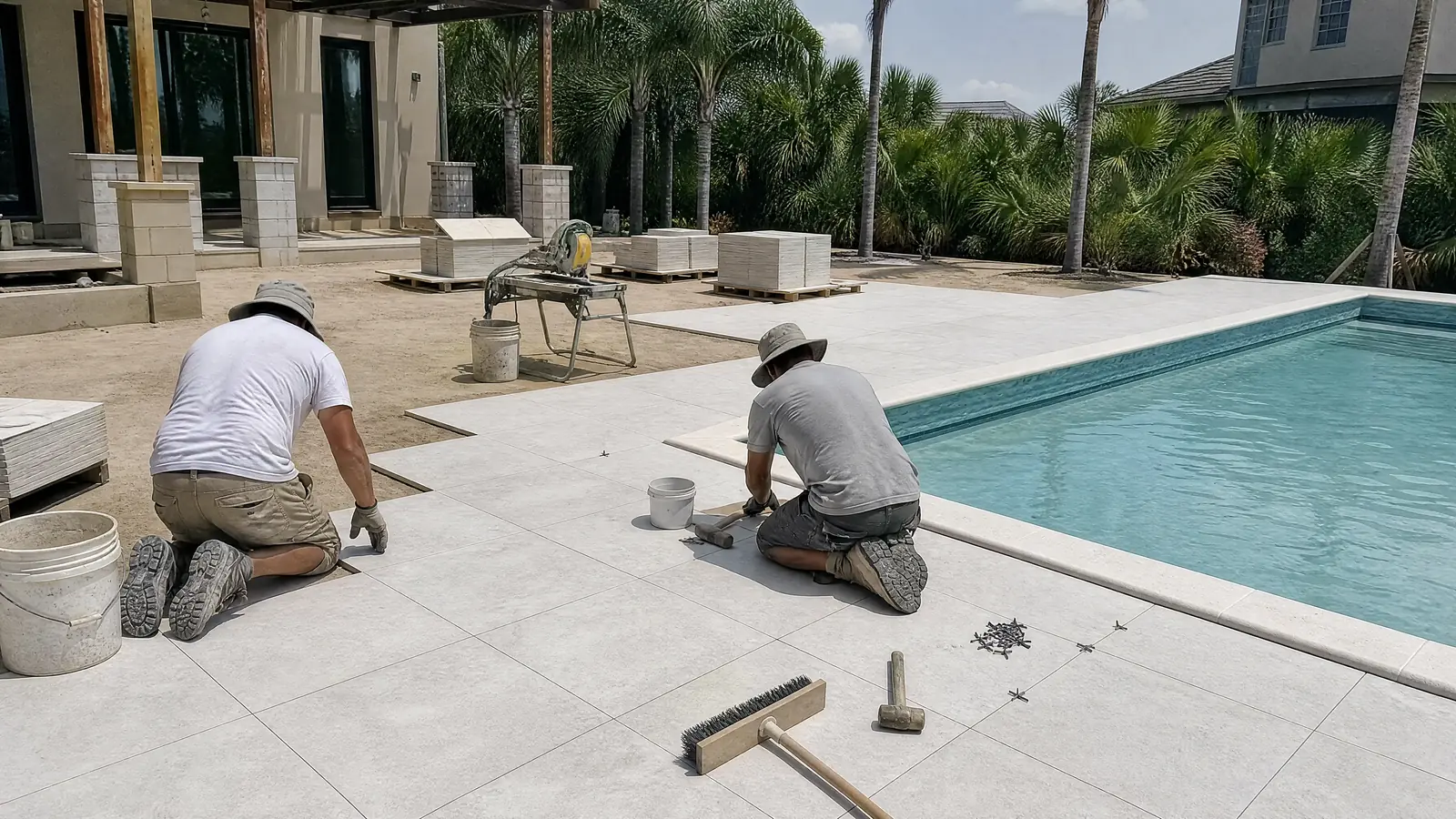 AI-generated installation-planning concept showing white pavers being set around a tropical pool.