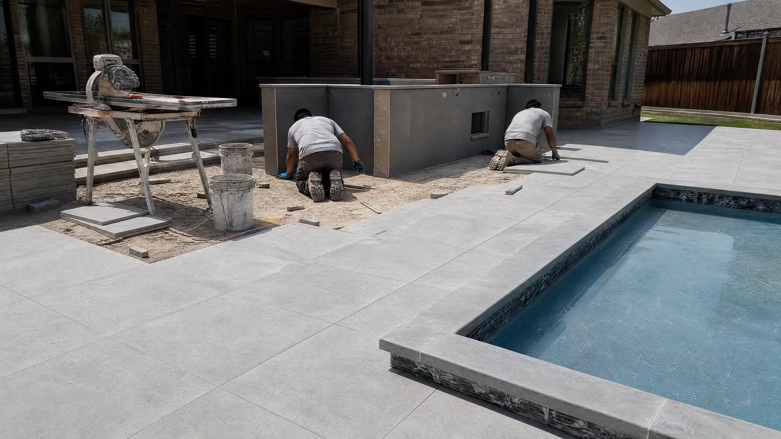 AI-generated installation-planning concept showing light-gray pavers being set beside a family pool.