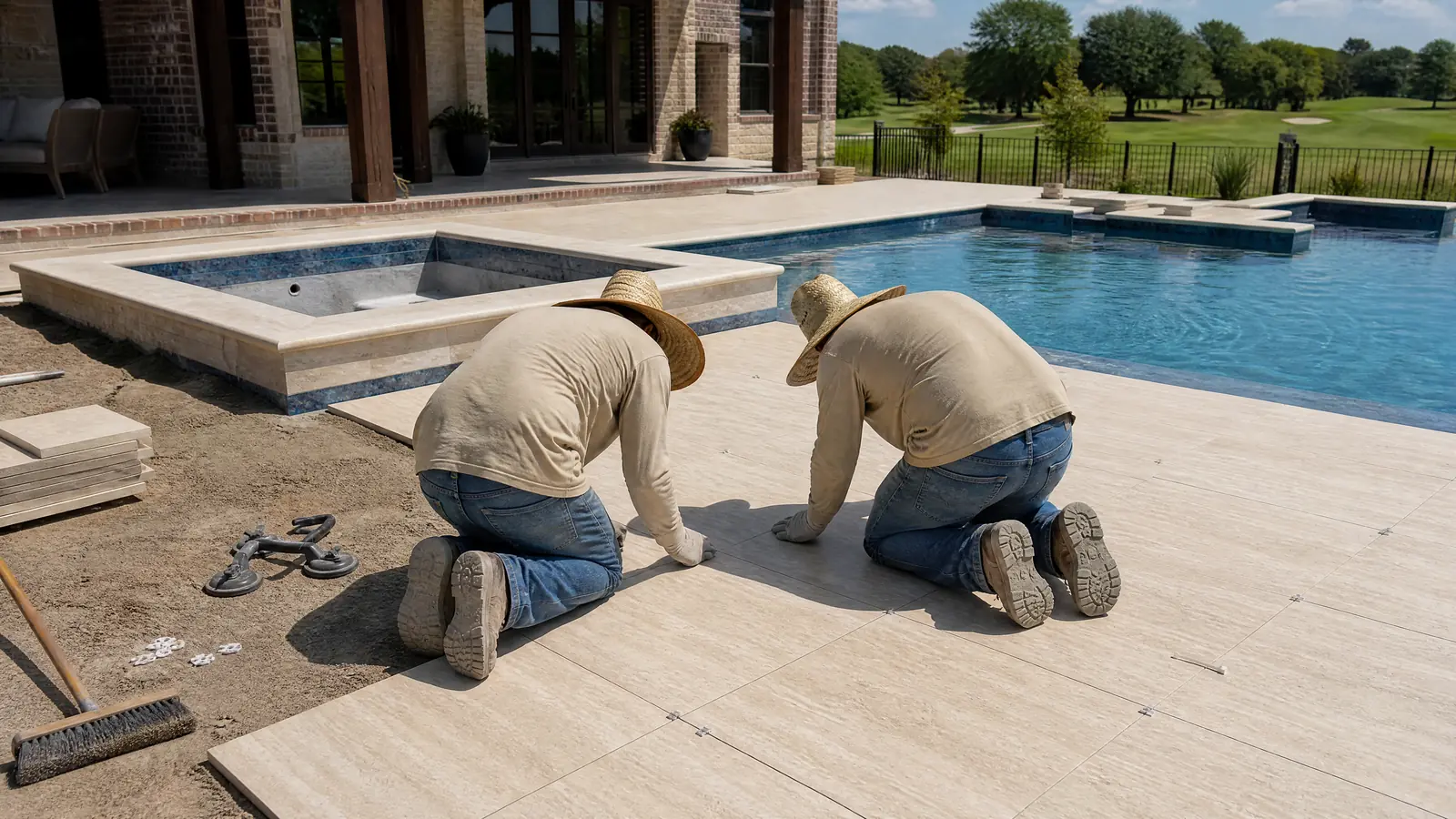 AI-generated installation-planning concept showing directional beige porcelain pavers around a pool and spa.