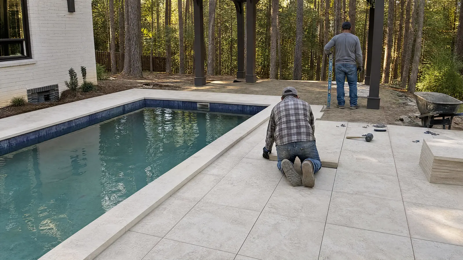 AI-generated installation-planning concept showing pearl porcelain pavers beside a tree-lined pool.