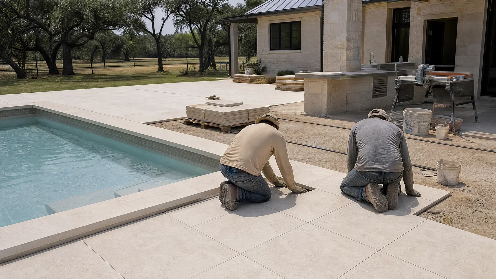 AI-generated installation-planning concept showing large-format buff pavers beside a ranch pool.