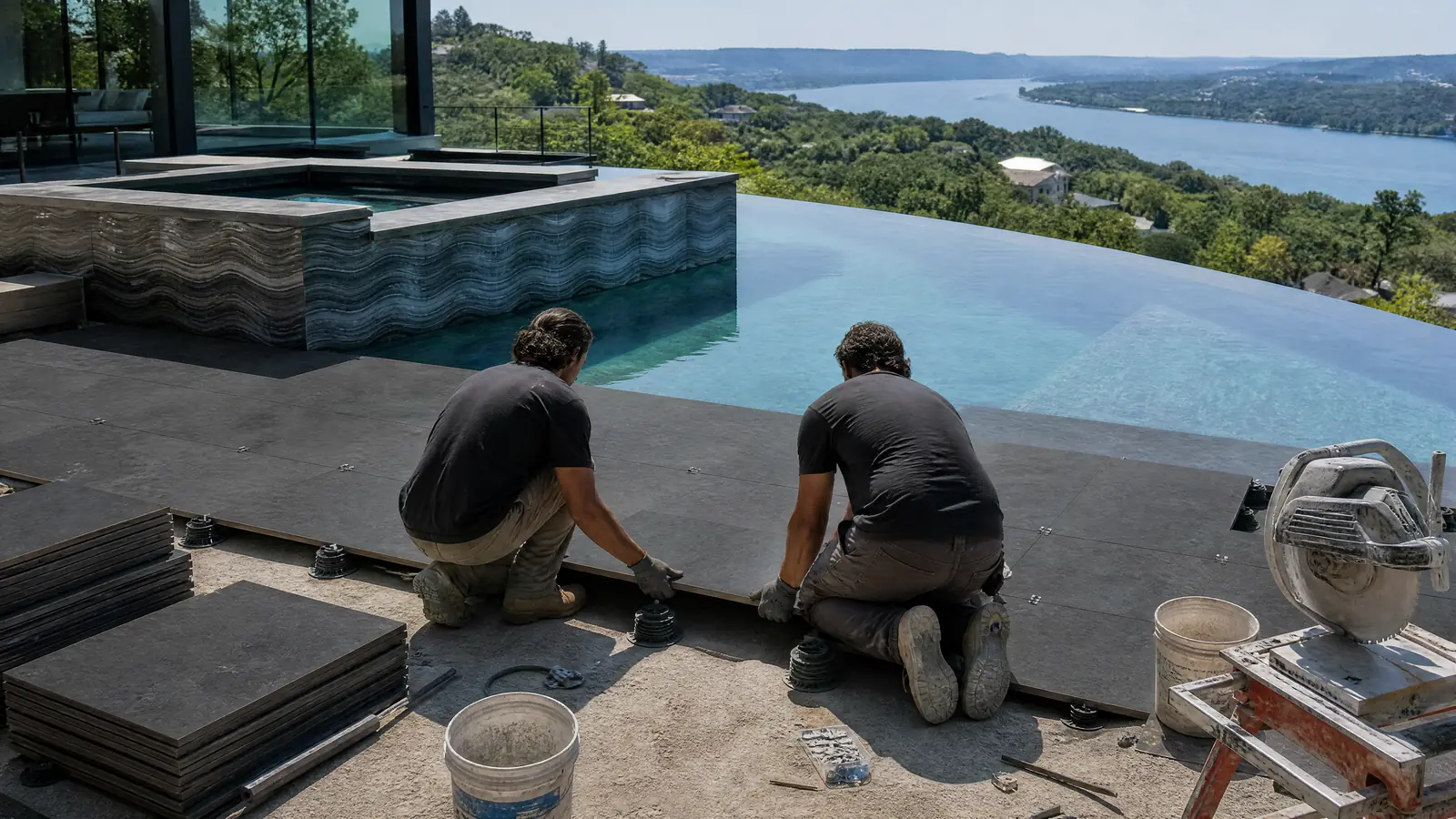 AI-generated installation-planning concept showing dark pavers near a hillside infinity pool.