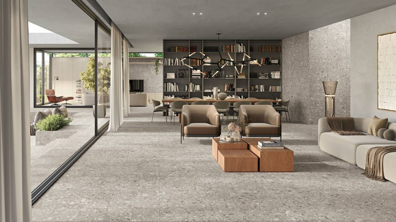 Outdoor porcelain pavers installed in a modern patio and pool setting.