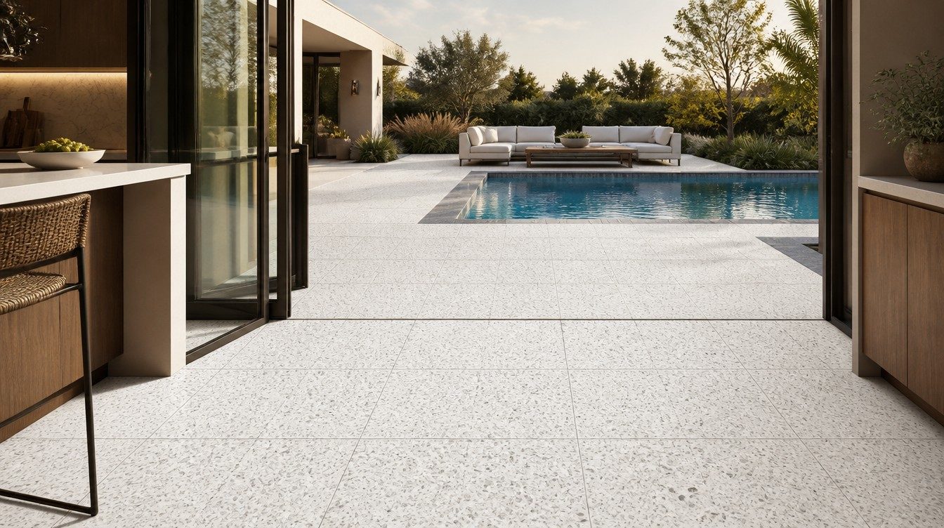 Clean white porcelain pavers installed around a bright outdoor pool deck.