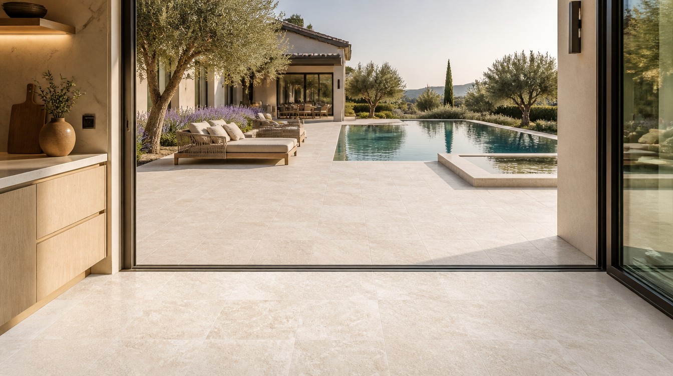 Travertine-look porcelain paver installed around a pool and outdoor living area.