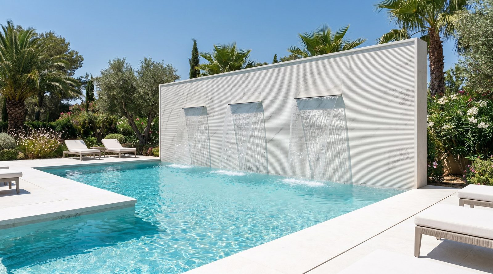 Textured porcelain veneer installed on a raised pool feature wall with water features.