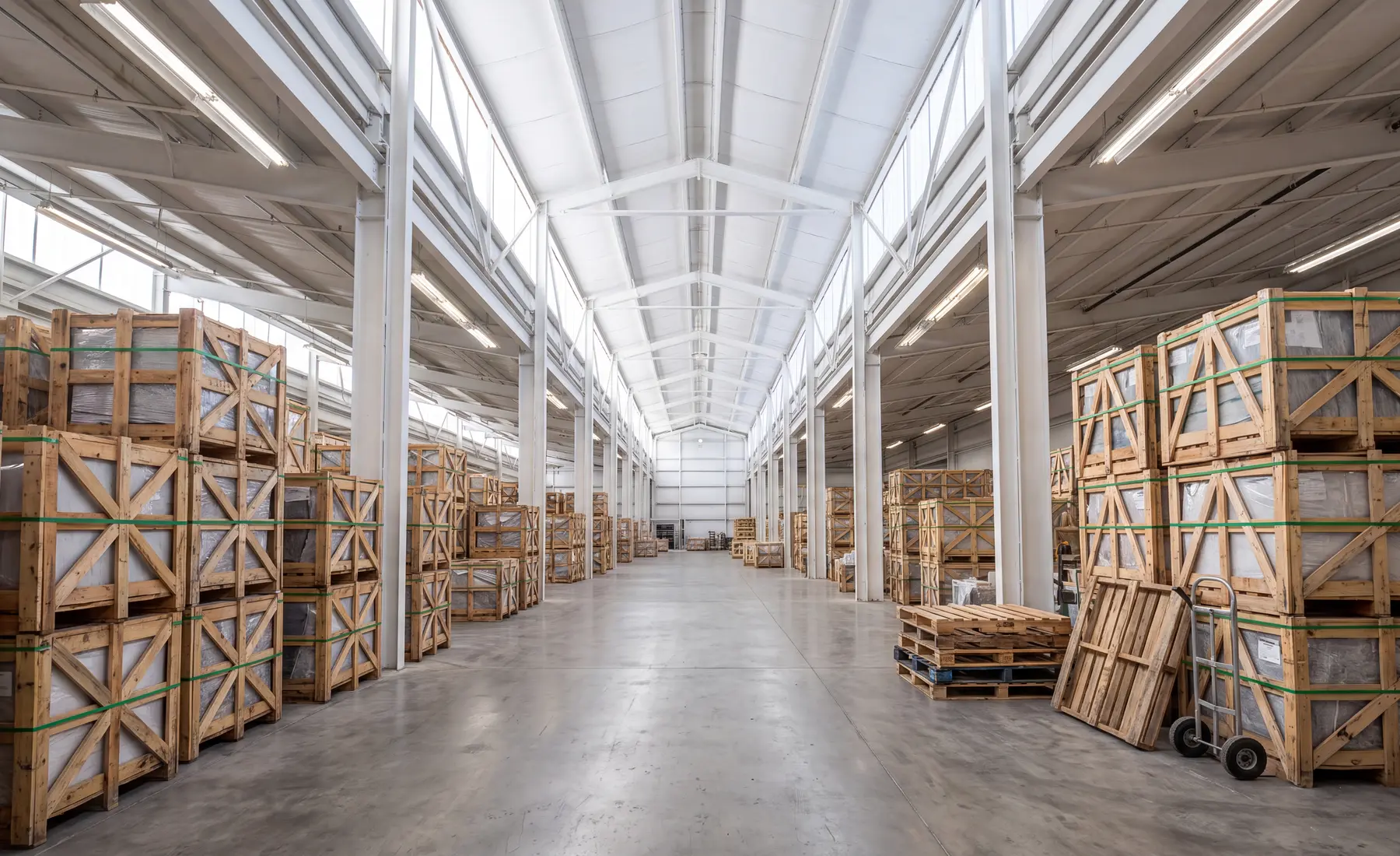 AI-generated warehouse environment visualization with organized porcelain crates in a long central aisle.