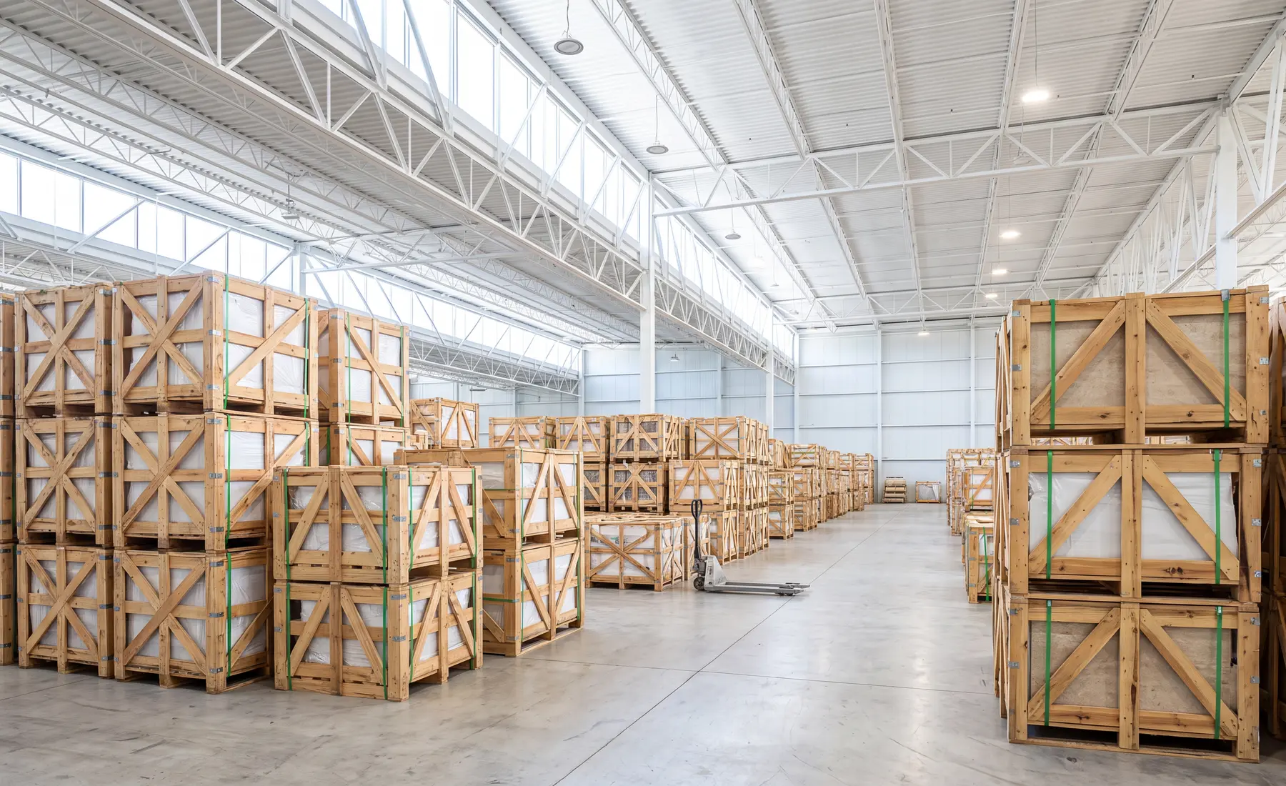 AI-generated warehouse environment visualization with porcelain crates in a bright distribution space.