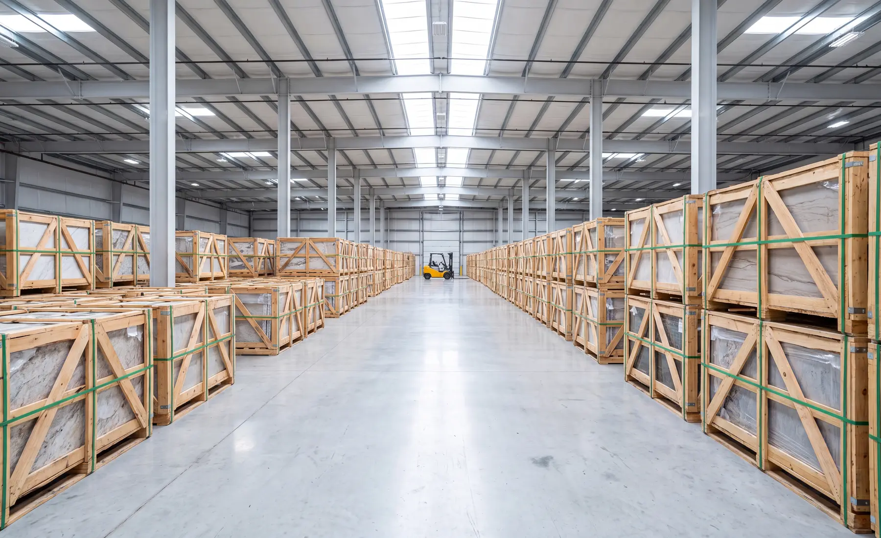 AI-generated warehouse environment visualization with organized porcelain crates and wide material aisles.