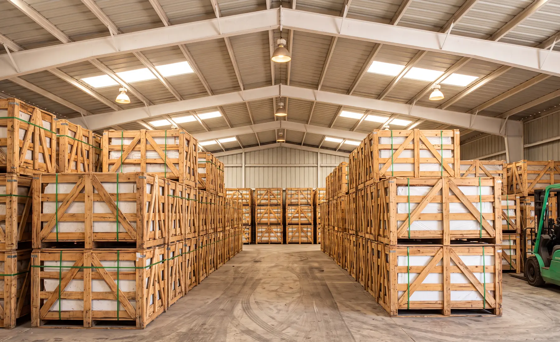 AI-generated warehouse environment visualization with stacked porcelain crates and material handling space.