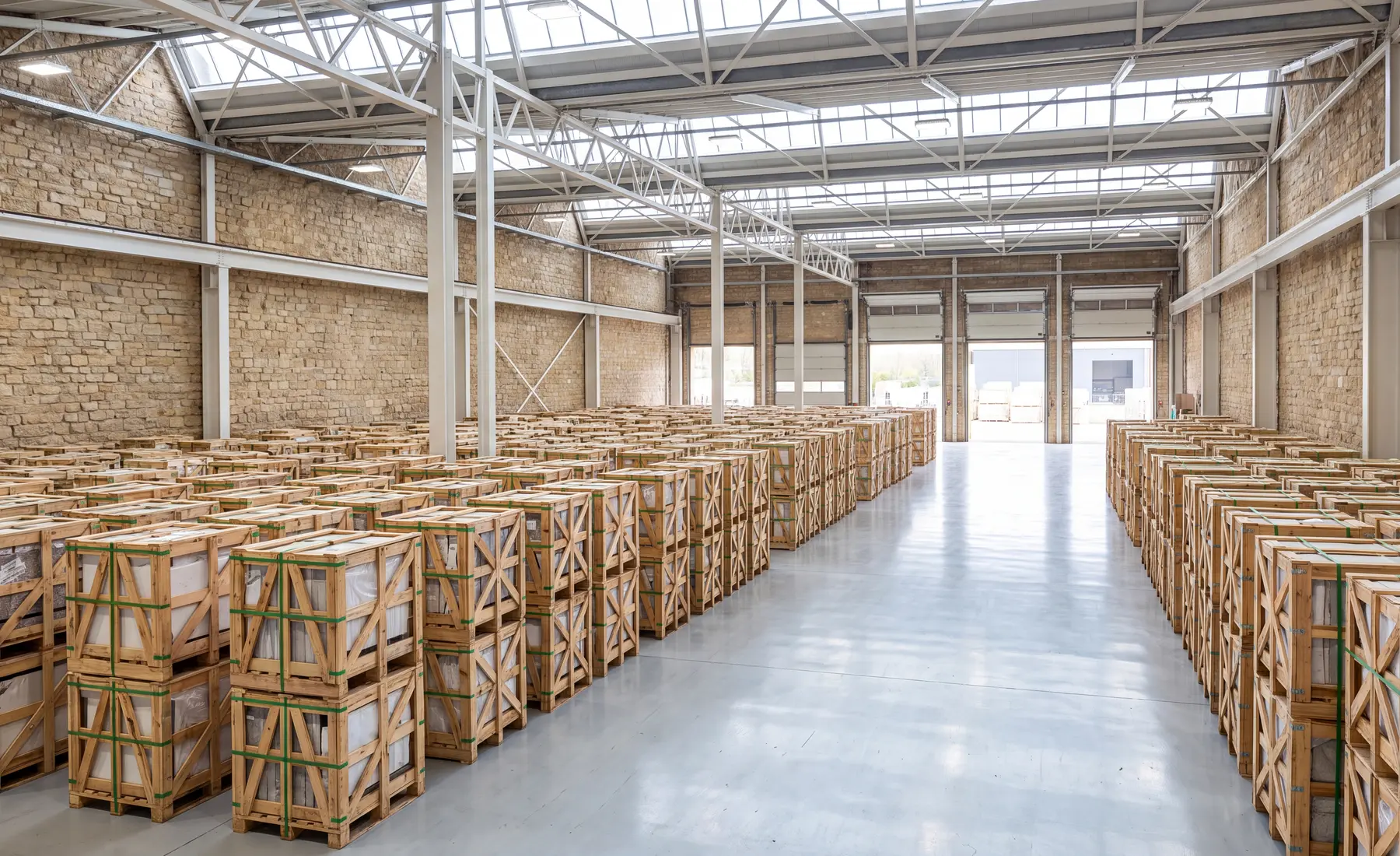 AI-generated warehouse environment visualization with porcelain material crates arranged for project review.