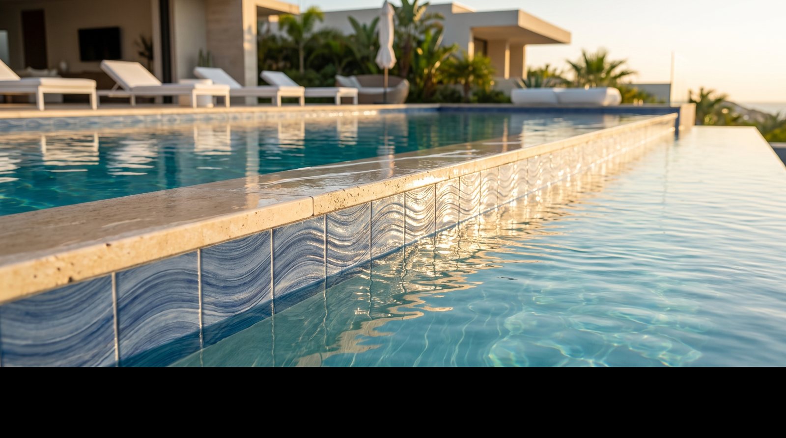 Glossy porcelain waterline tile installed along the edge of a custom pool.